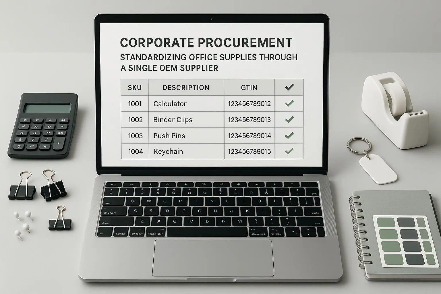 Corporate procurement desk with laptop showing SKU table and office basics (calculator, clips, pins, keychain, planner accessories, stickers) arranged neatly to symbolize standardization.