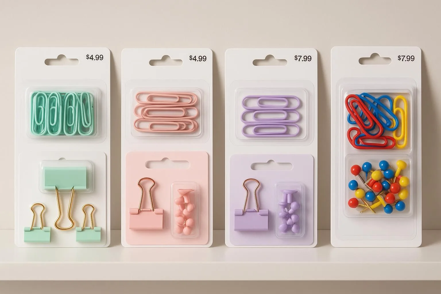 Color-coordinated bundles of clips, pins, and small stationery accessories packaged for retail at $4.99 and $7.99