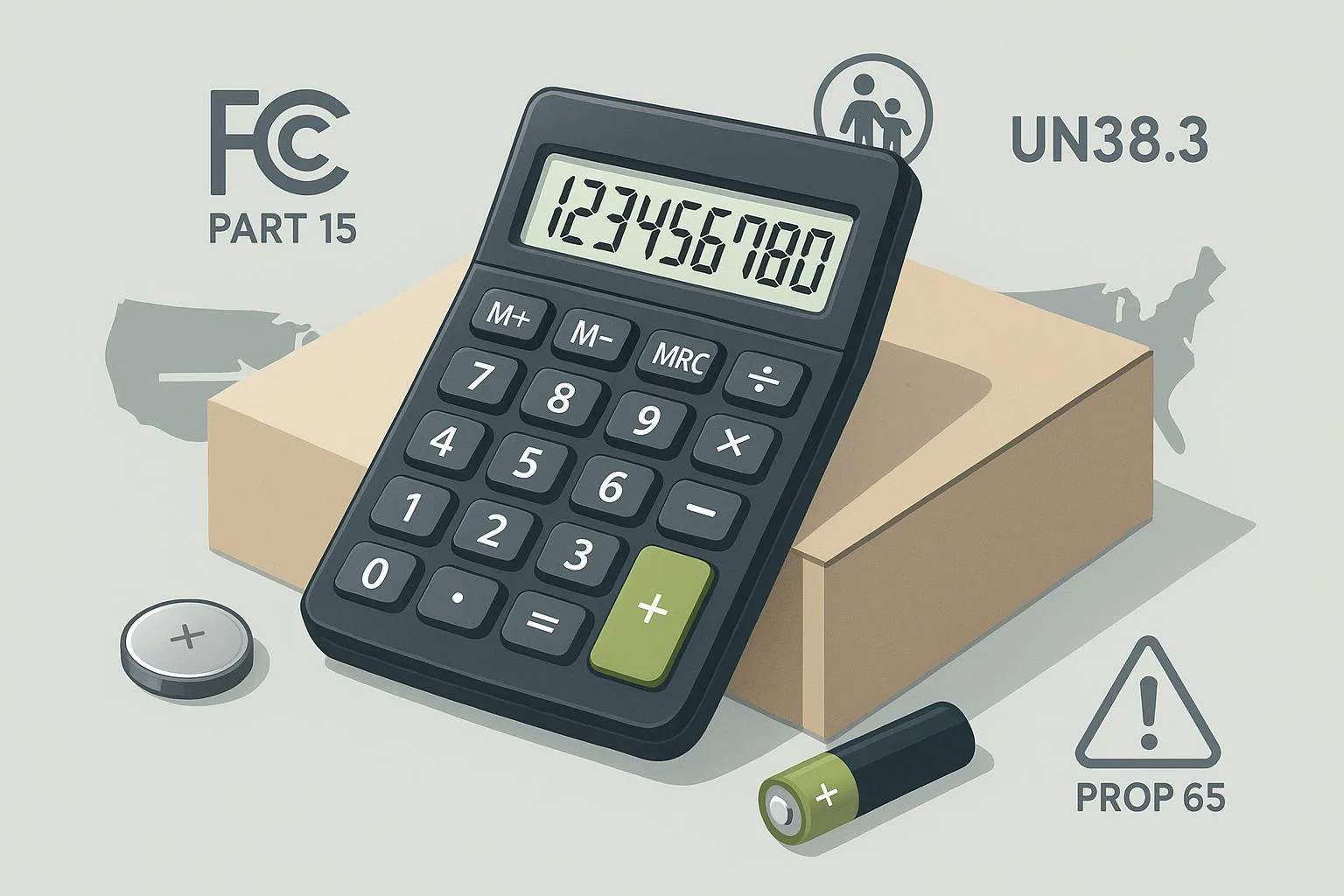 Pocket calculator on a carton with FCC, CPSC, UN38.3, and Prop 65 icons, symbolizing U.S. compliance for China-to-U.S. imports