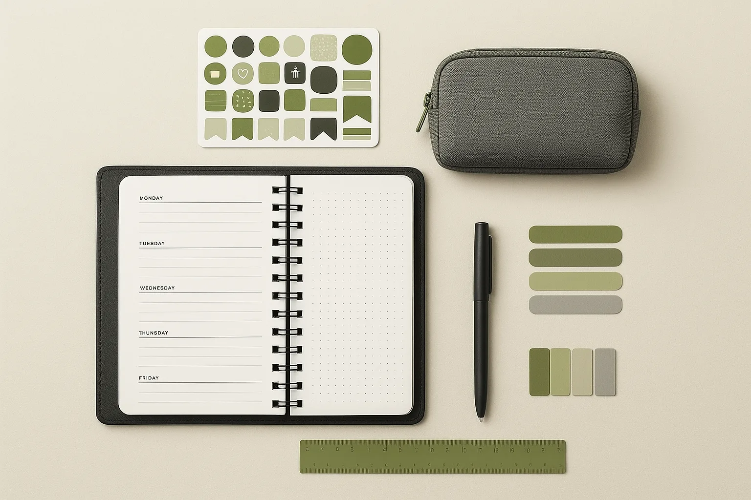 Flat-lay of planner accessories and stickers add-on program concept
