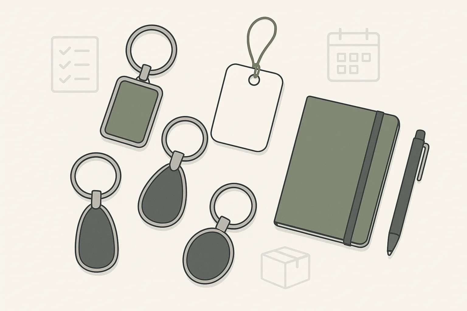 Flat-lay illustration of promotional keychains with a notebook and packaging/compliance icons