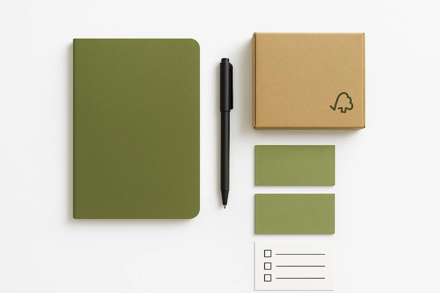 Flat-lay of a notebook, pen, sticky notes, and gift packaging for custom promotional stationery