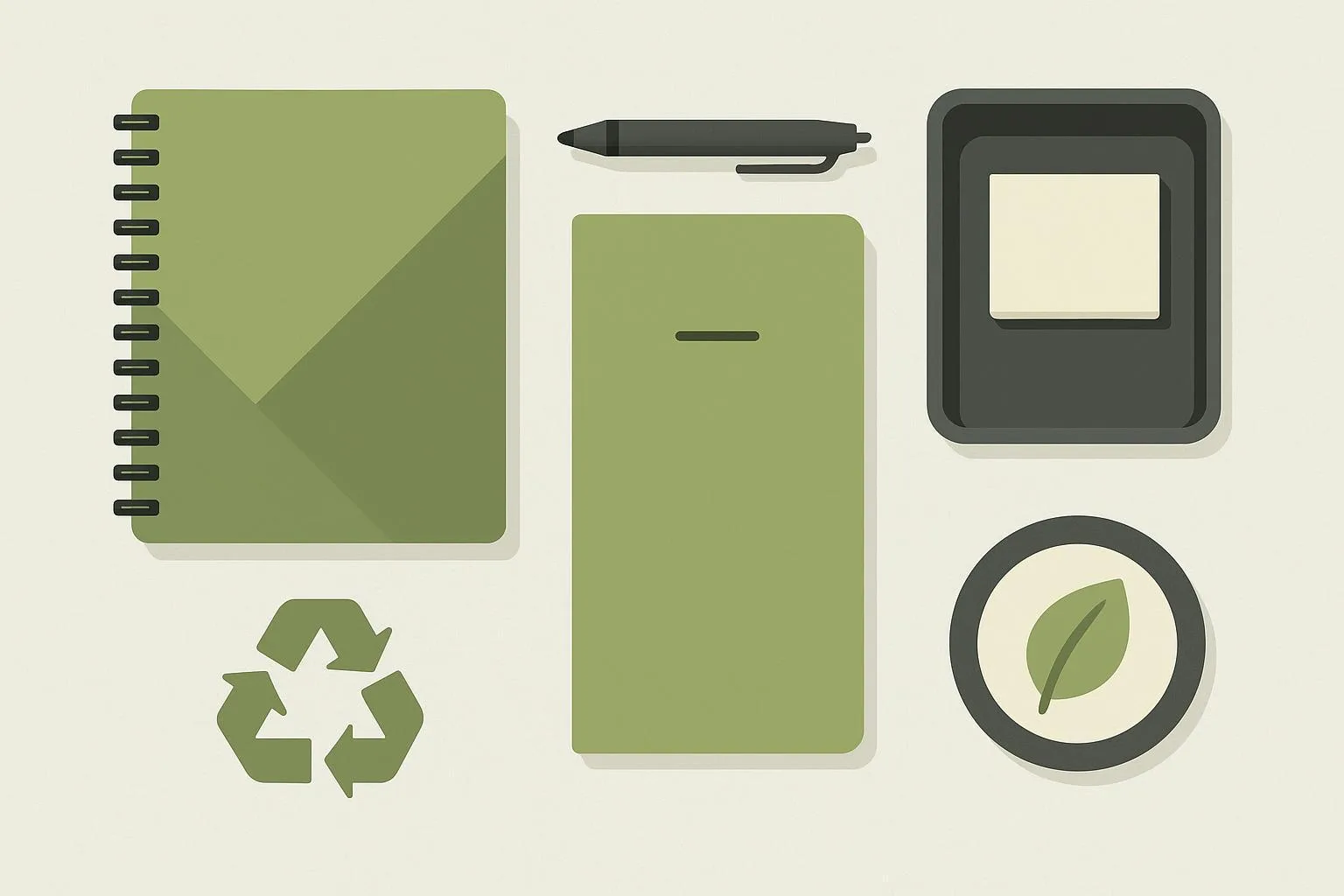 Minimalist flat-lay illustration of corporate office stationery with sustainability icons